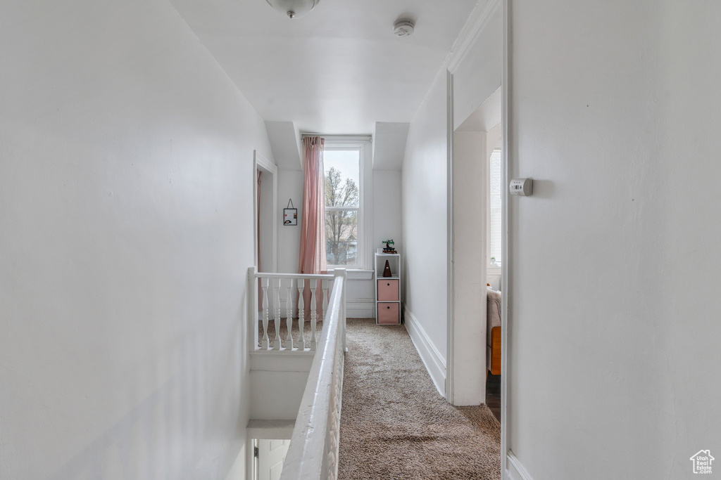 Hallway featuring carpet flooring, an upstairs landing, and baseboards