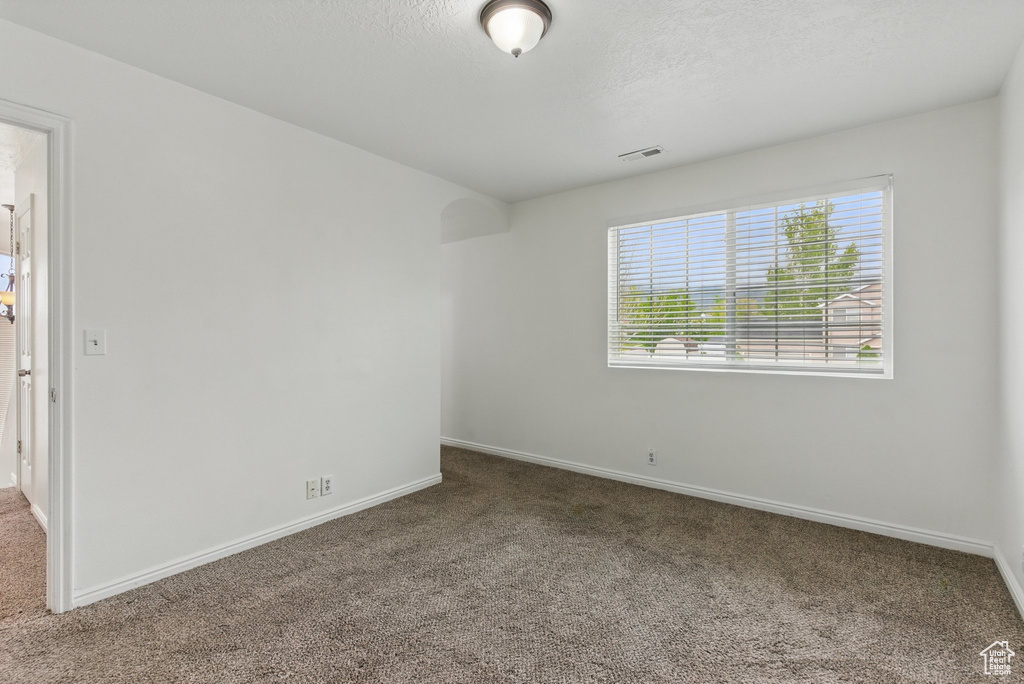Carpeted spare room featuring baseboards and a textured ceiling