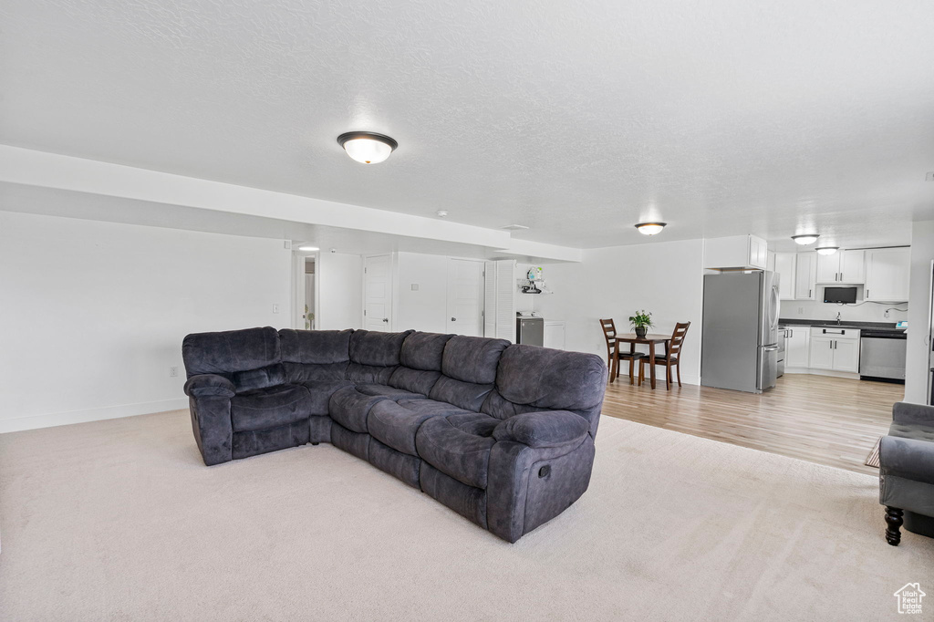 Living room with light carpet and baseboards