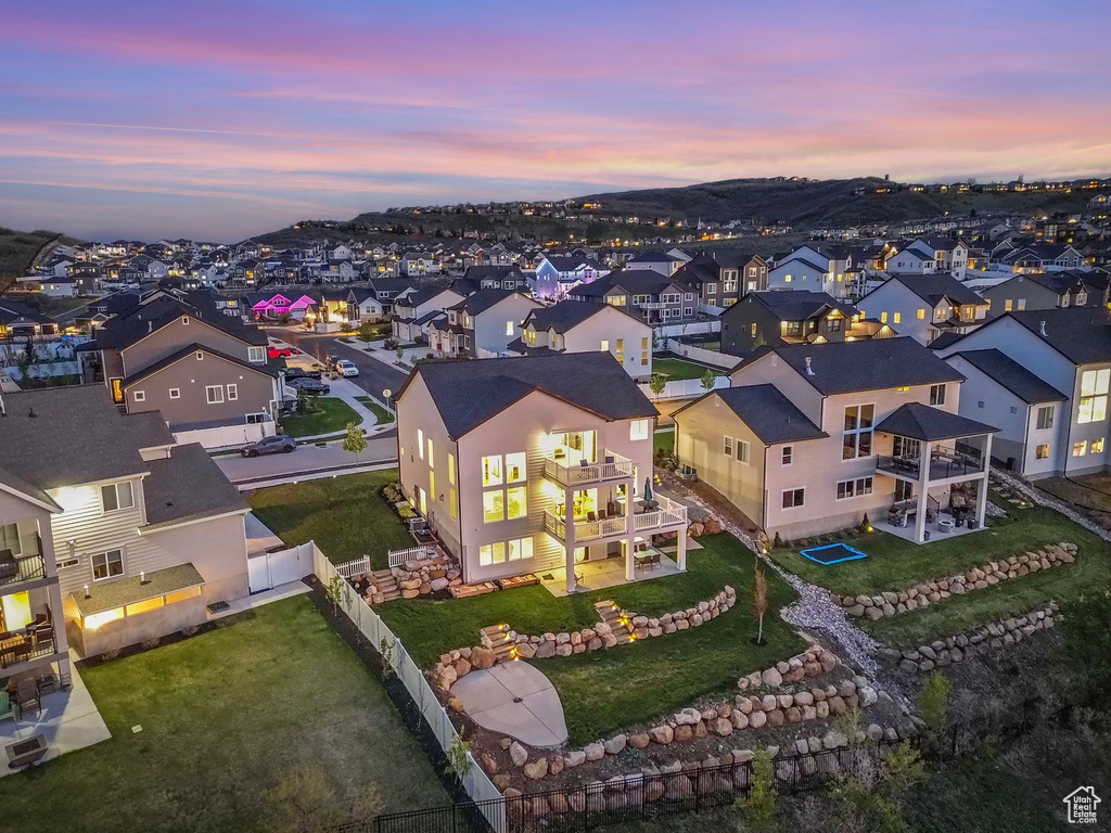 Aerial view at dusk of a residential view