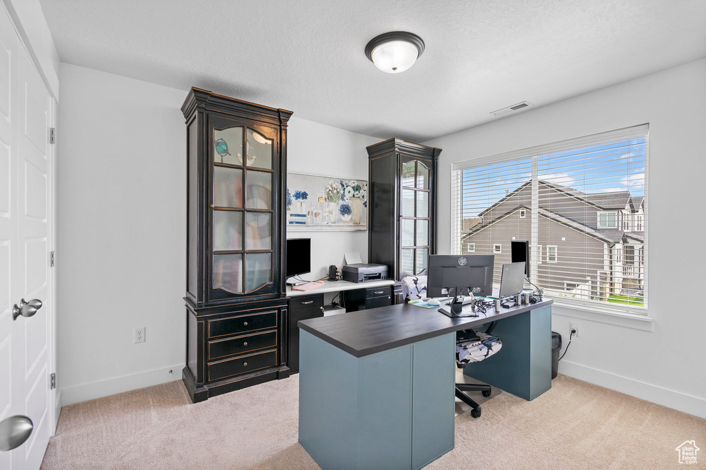 Home office featuring healthy amount of natural light, light colored carpet, and baseboards