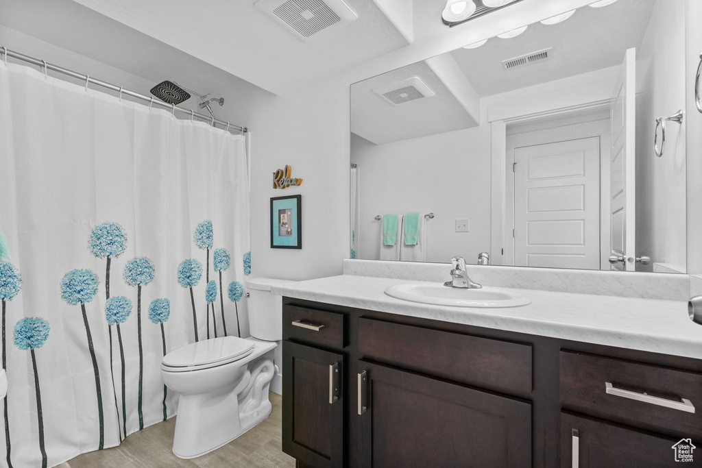 Bathroom with toilet, vanity, wood finished floors, and a shower with curtain