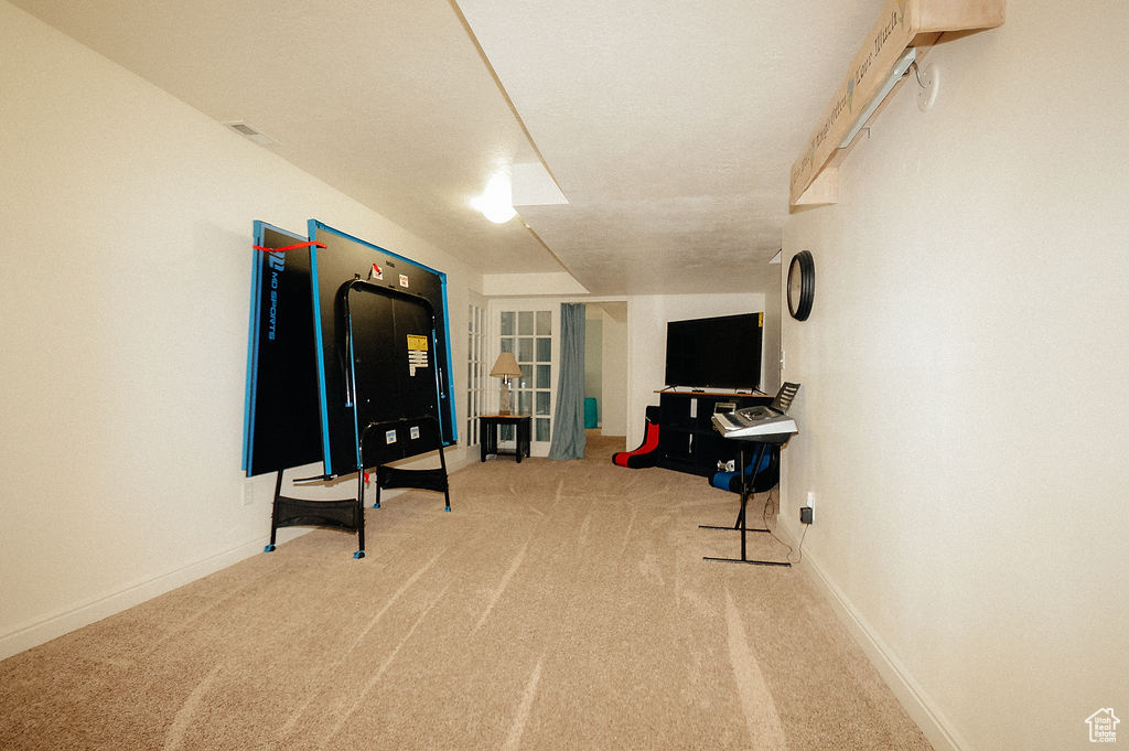 Recreation room featuring carpet flooring and baseboards