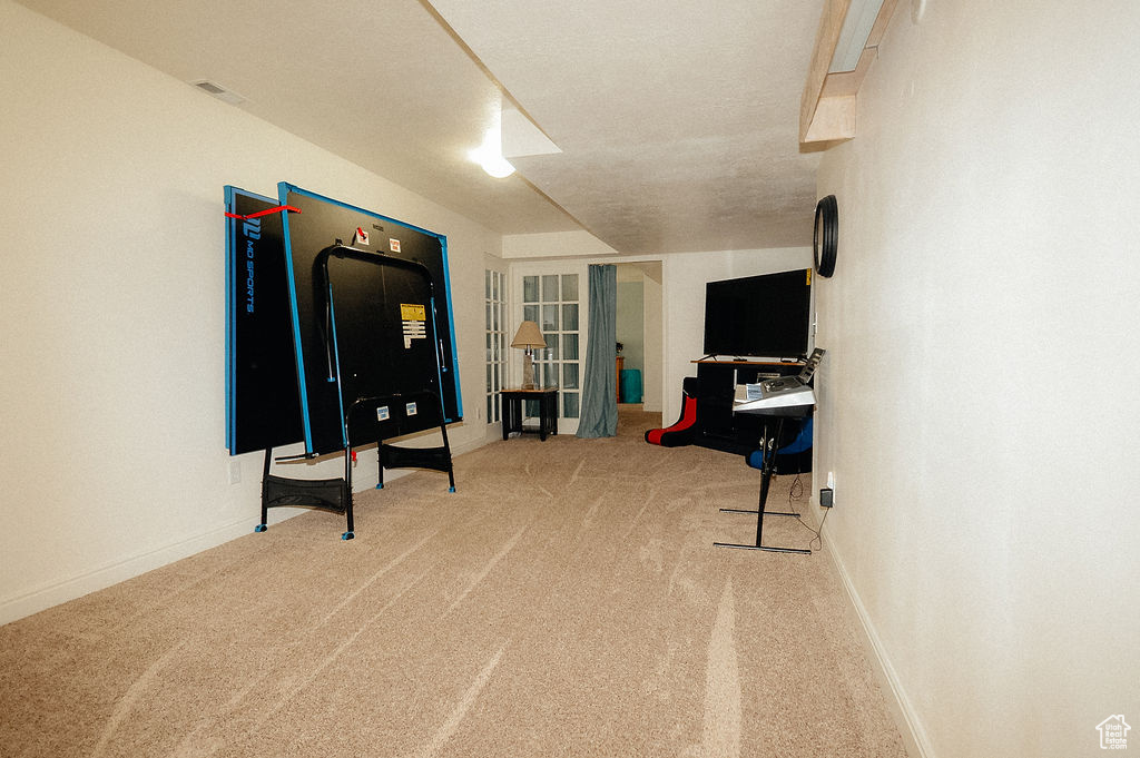 Carpeted home office with baseboards