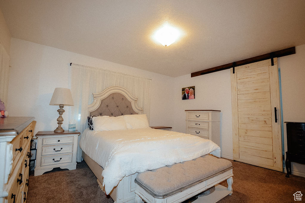 Carpeted bedroom featuring a barn door