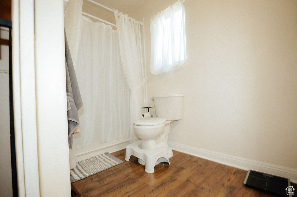 Full bathroom featuring baseboards, toilet, wood finished floors, and curtained shower