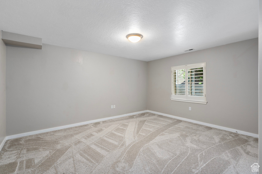 Empty room featuring light colored carpet, a textured ceiling, and baseboards