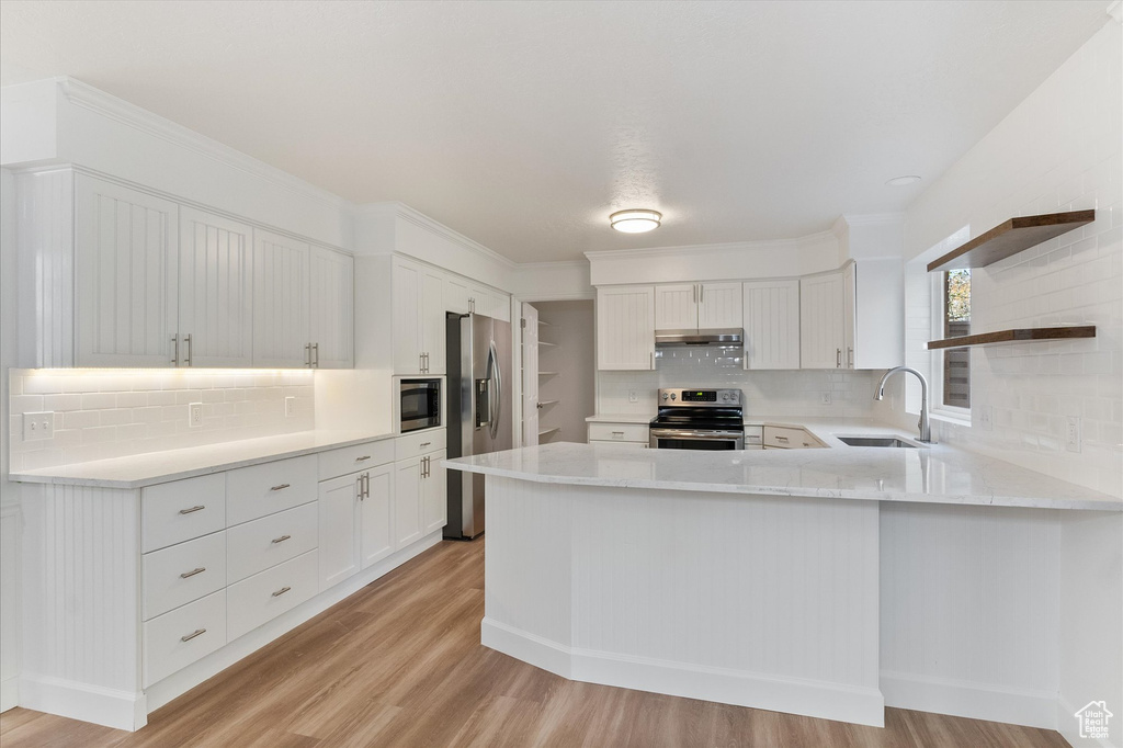 Kitchen featuring a sink, stainless steel appliances, light wood-type flooring, under cabinet range hood, and decorative backsplash
