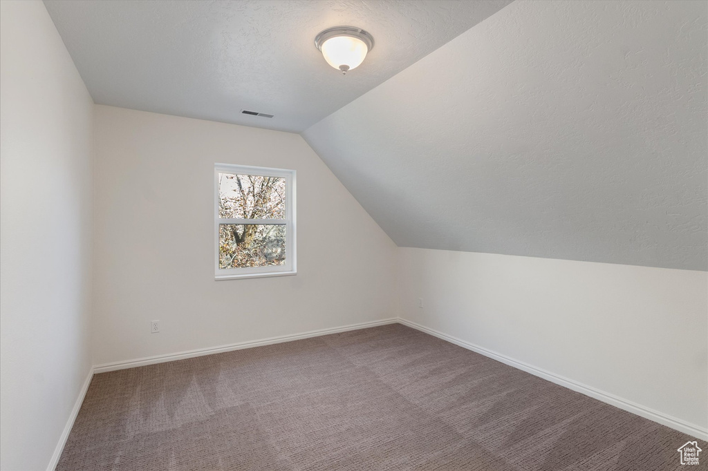 Additional living space featuring baseboards, carpet flooring, visible vents, and vaulted ceiling