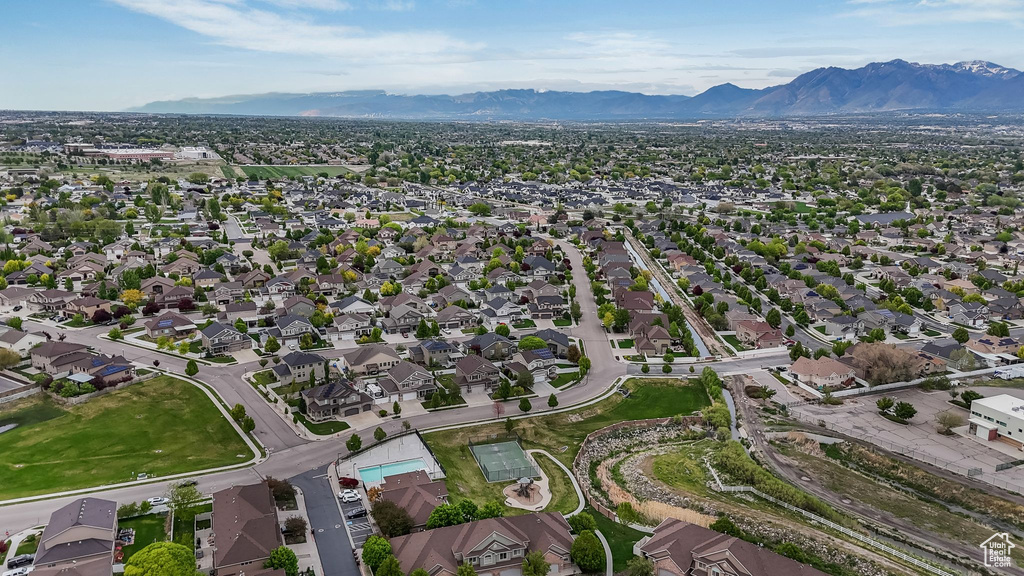 Aerial overview of property's location with a mountain backdrop