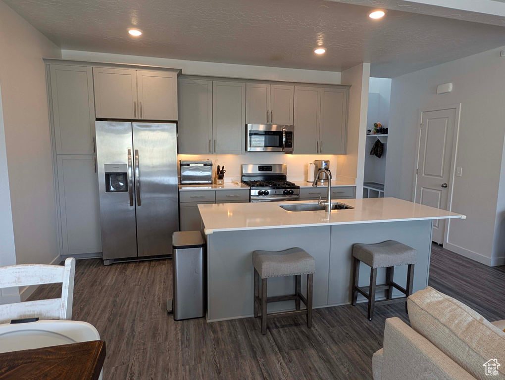 Kitchen with appliances with stainless steel finishes, gray cabinetry, a sink, dark wood-style floors, and recessed lighting