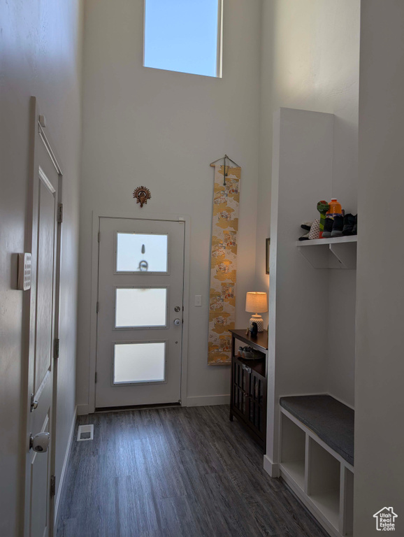 Entryway with a towering ceiling, wood finished floors, and baseboards