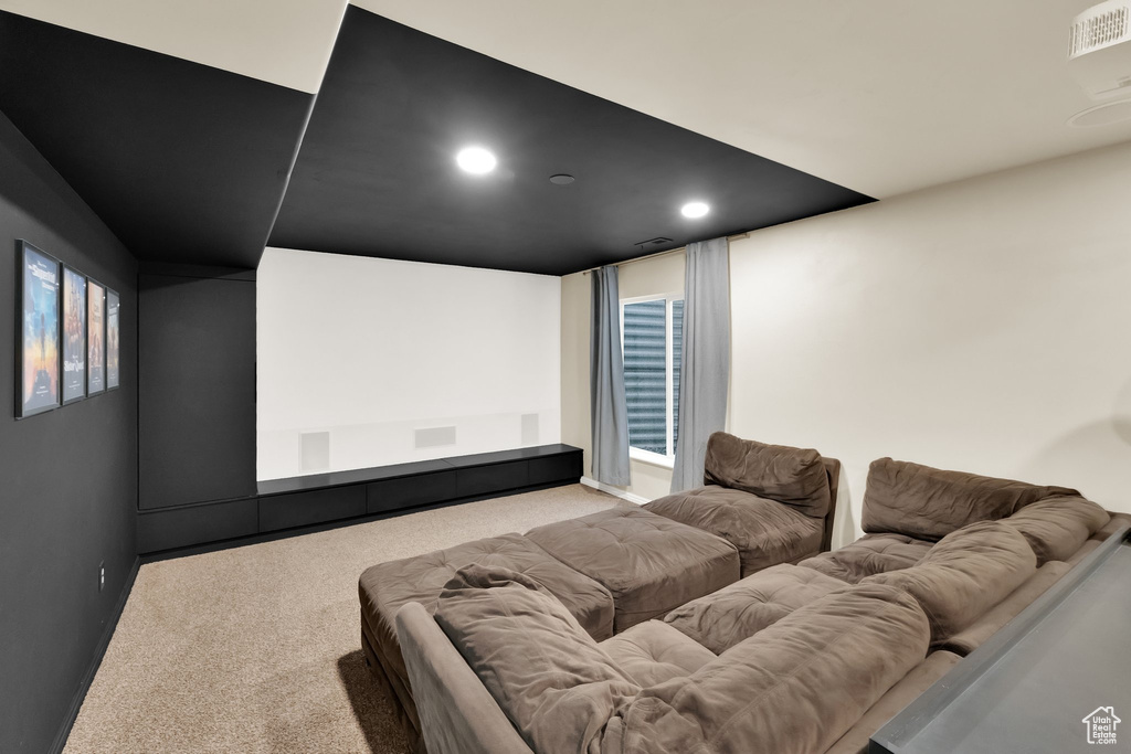 Cinema room with baseboards, carpet, and recessed lighting