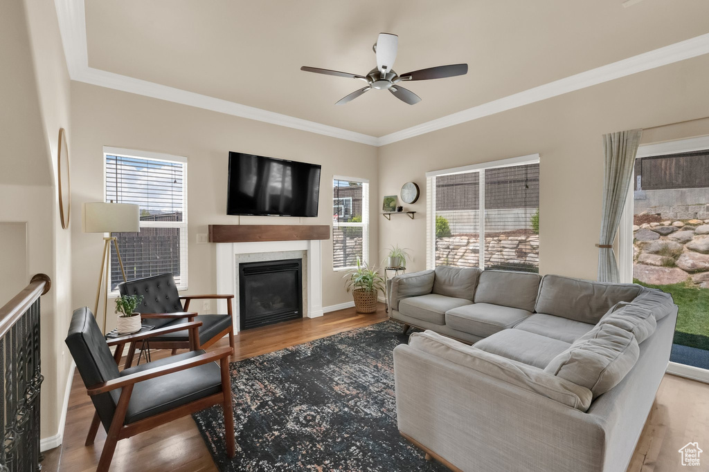 Living area with wood finished floors, a ceiling fan, ornamental molding, baseboards, and a glass covered fireplace
