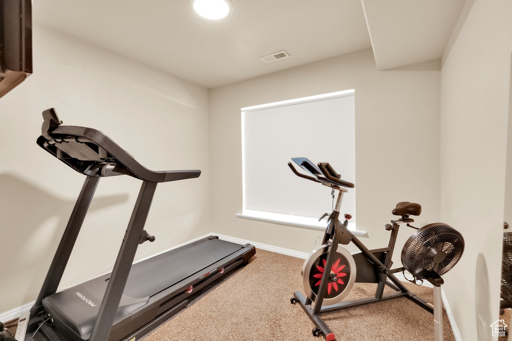 Workout room featuring carpet floors, visible vents, and baseboards