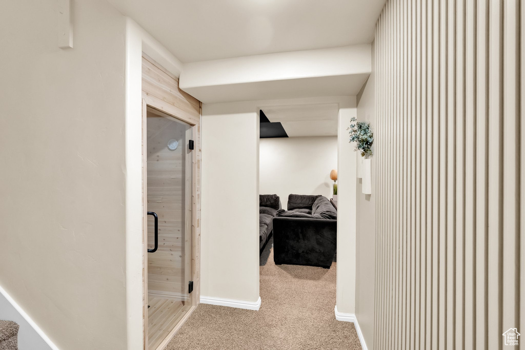 Corridor with baseboards and carpet flooring
