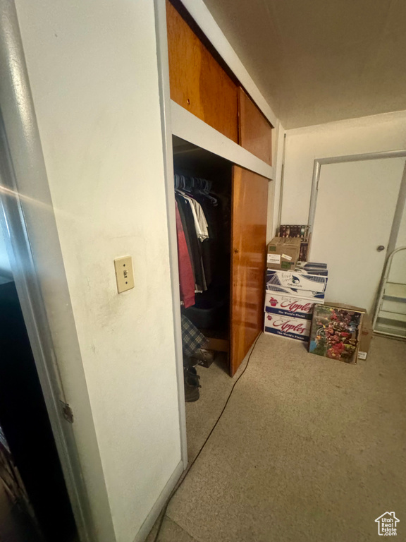 Hallway featuring carpet floors