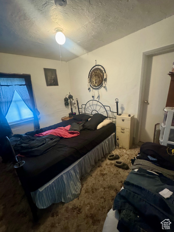Bedroom with a textured ceiling and carpet