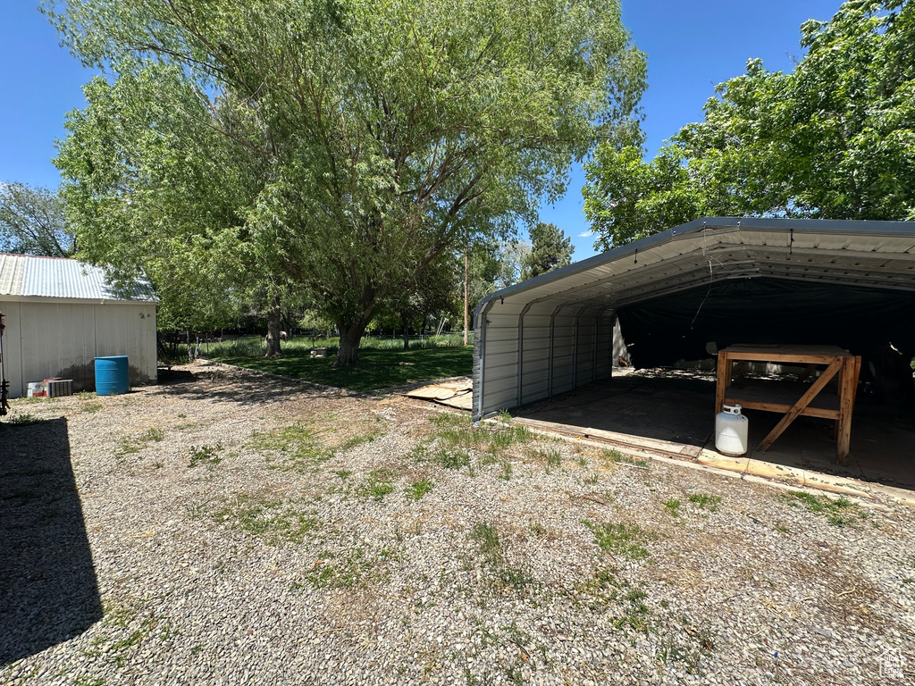 View of yard featuring gravel driveway