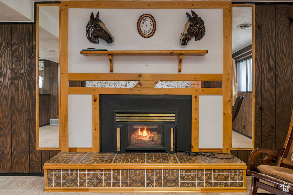 Detailed view of a lit fireplace