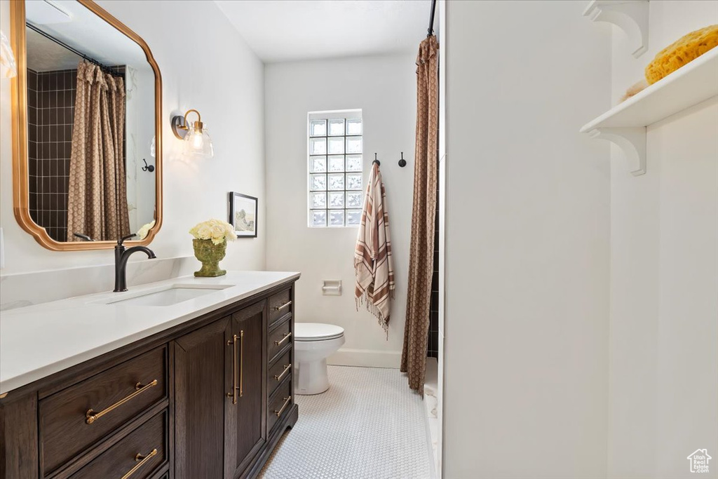 Full bathroom featuring toilet, vanity, and a shower with shower curtain
