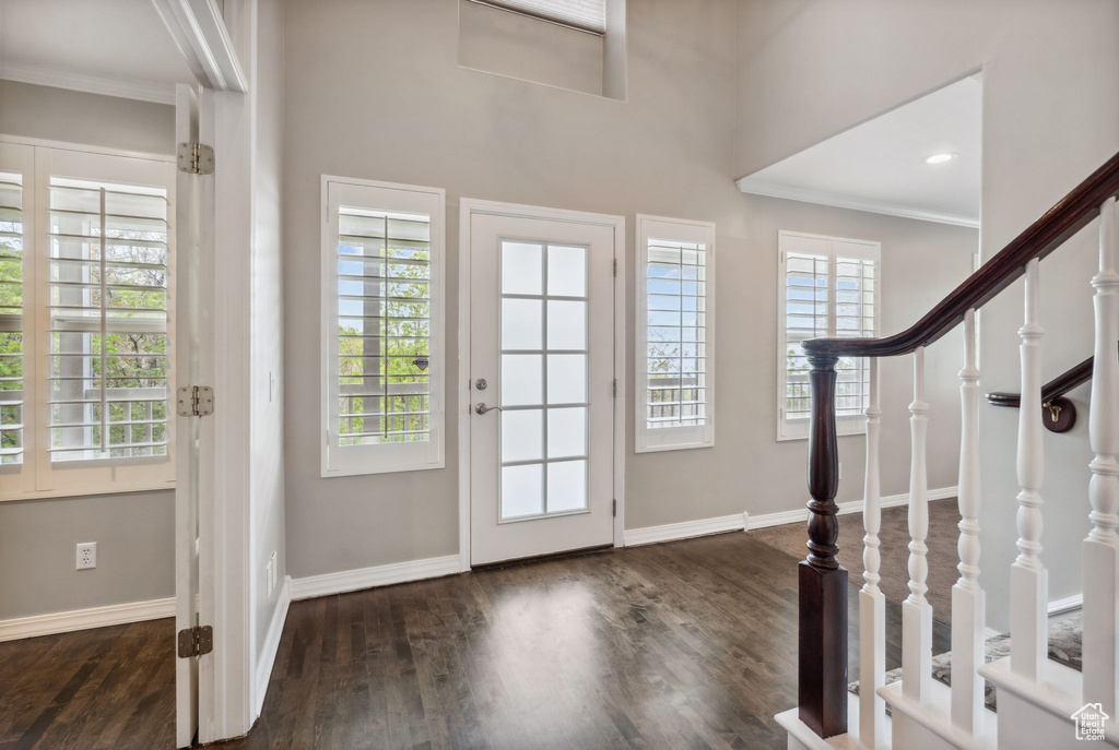 Foyer entrance with crown molding, baseboards, and wood finished floors