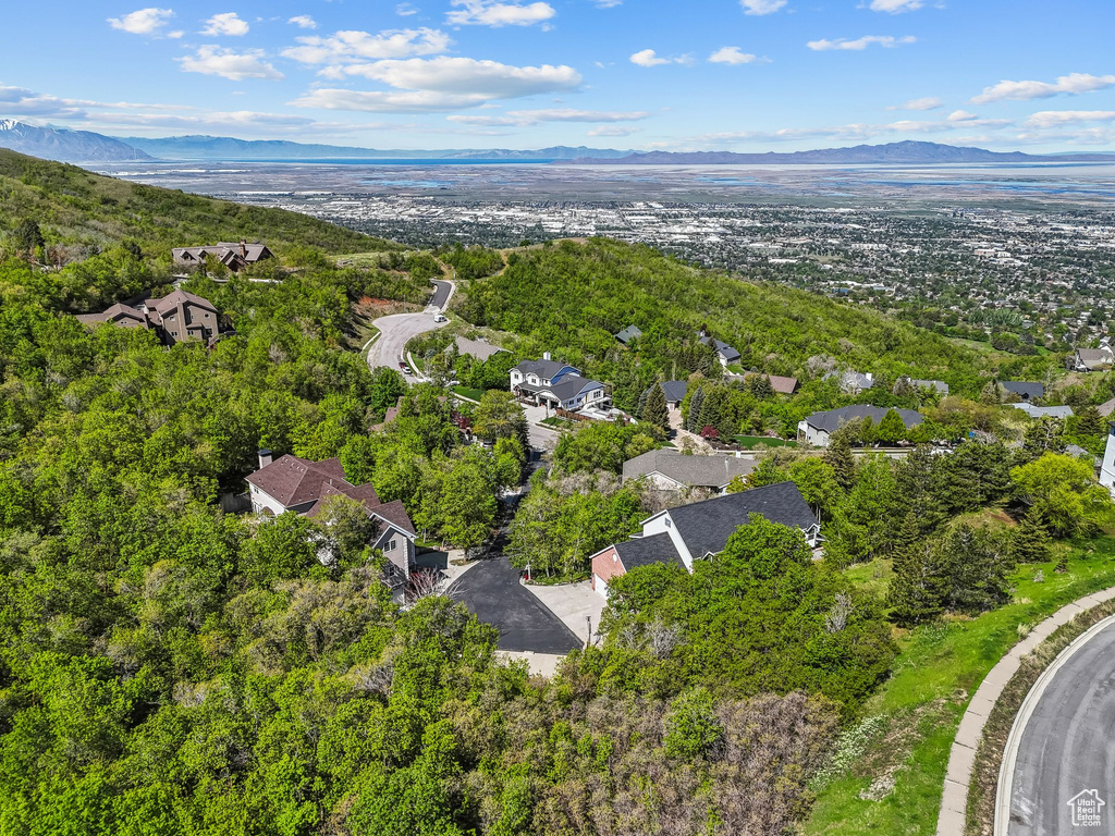 Aerial view of residential area with a mountain backdrop