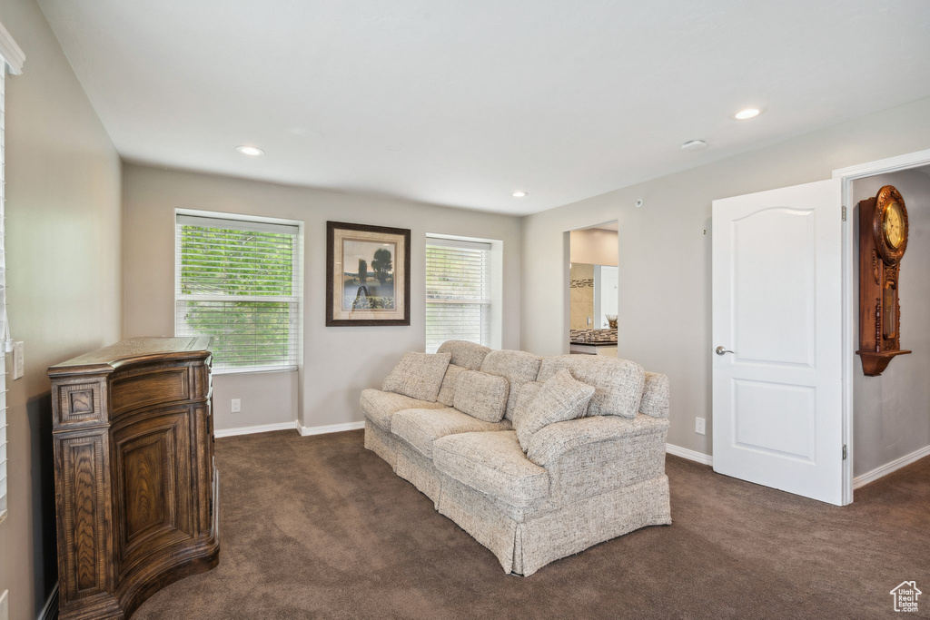 Living room featuring dark colored carpet, baseboards, and recessed lighting