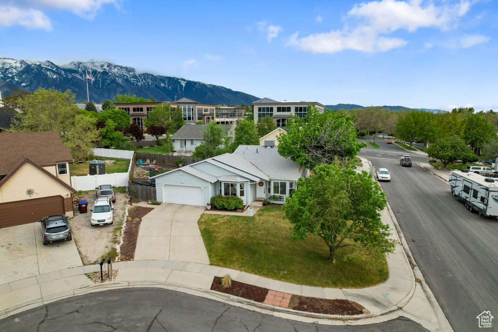 Aerial view of residential area with mountains