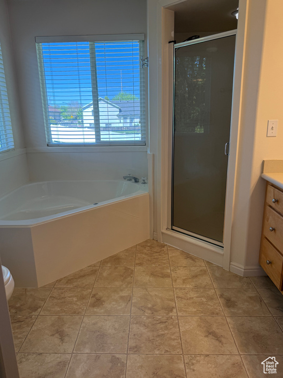 Bathroom featuring vanity, a stall shower, and a garden tub