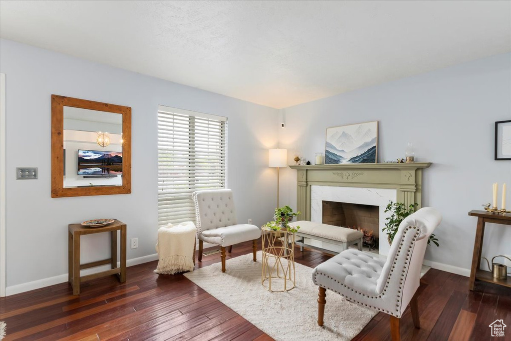 Living area featuring wood-type flooring, a fireplace, and baseboards