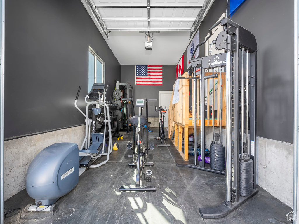 Exercise area with a garage