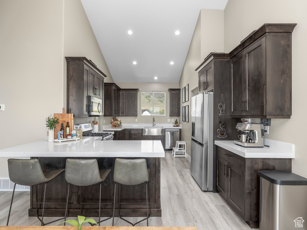 Kitchen featuring a peninsula, dark brown cabinets, a kitchen bar, light wood-style flooring, and stainless steel appliances