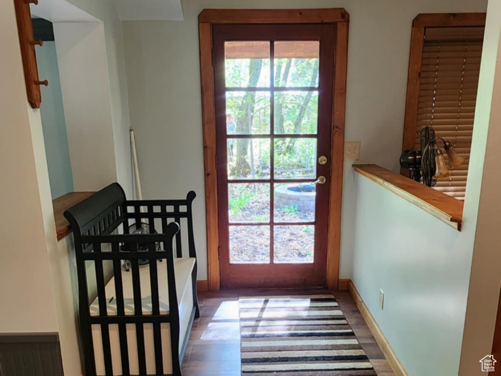 Entryway featuring baseboards and wood finished floors