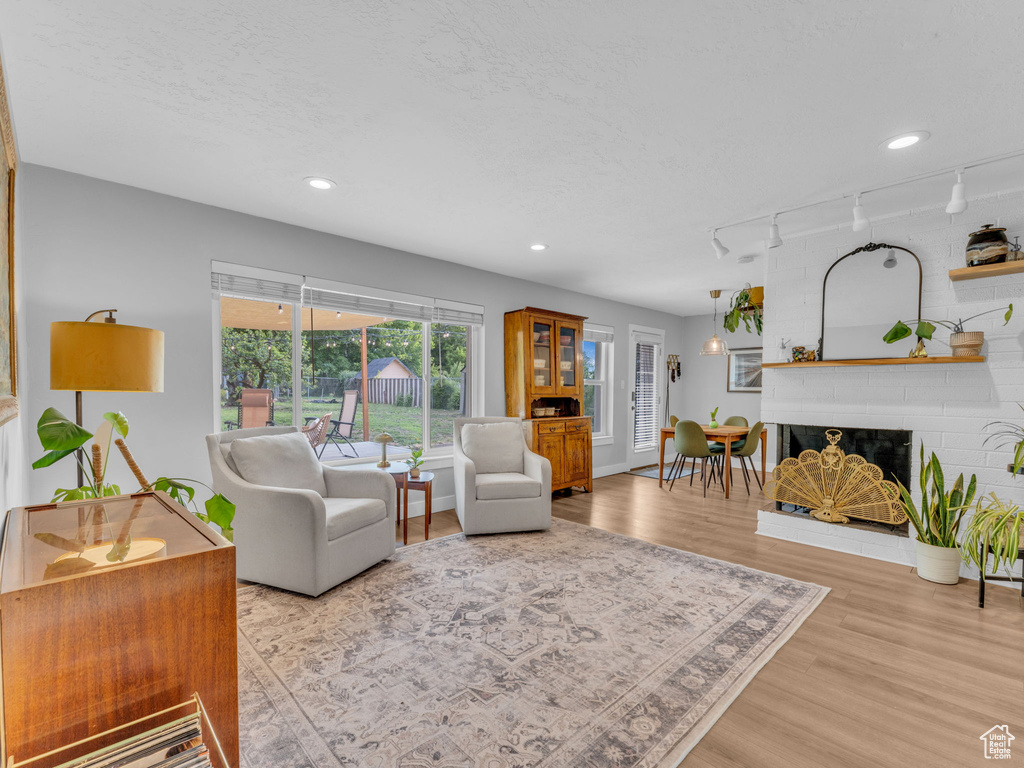 Living area featuring light wood-style flooring, a brick fireplace, rail lighting, and recessed lighting
