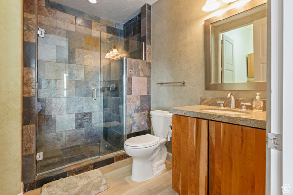 Bathroom featuring toilet, a stall shower, vanity, and wood finished floors
