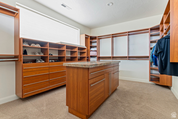 Spacious closet featuring light carpet