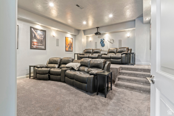 Carpeted cinema with baseboards and recessed lighting