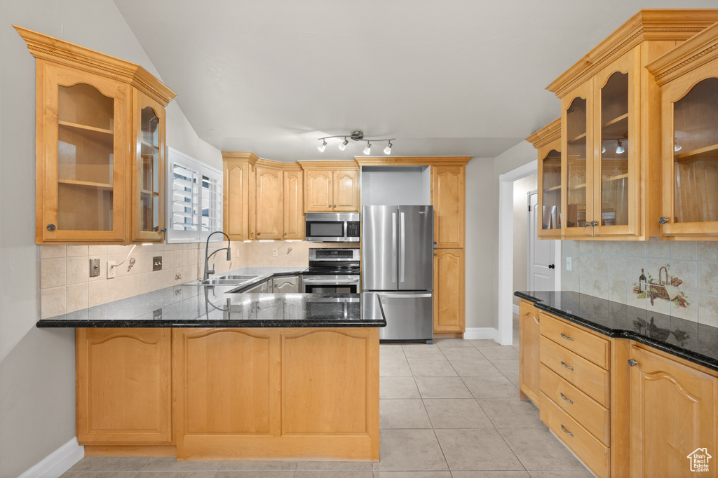 Kitchen featuring stainless steel appliances, a sink, baseboards, and backsplash