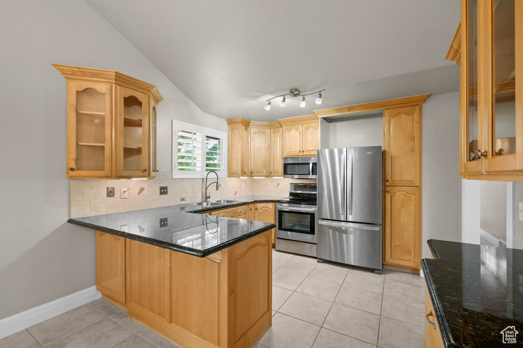 Kitchen featuring stainless steel appliances, a sink, a peninsula, tasteful backsplash, and dark stone countertops