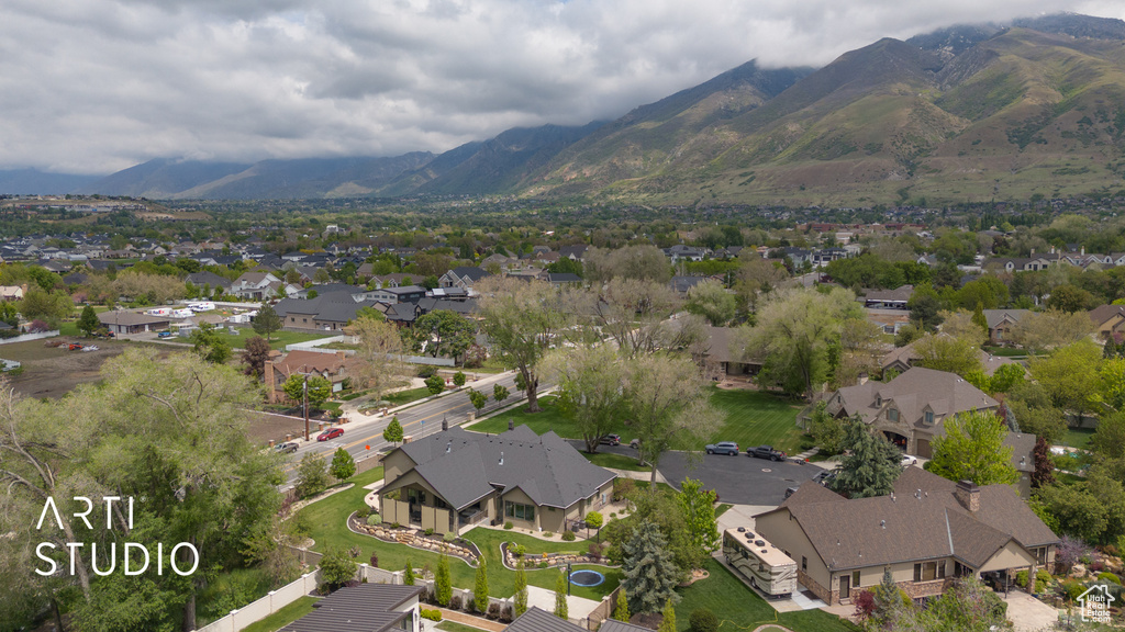 Aerial perspective of suburban area with mountains