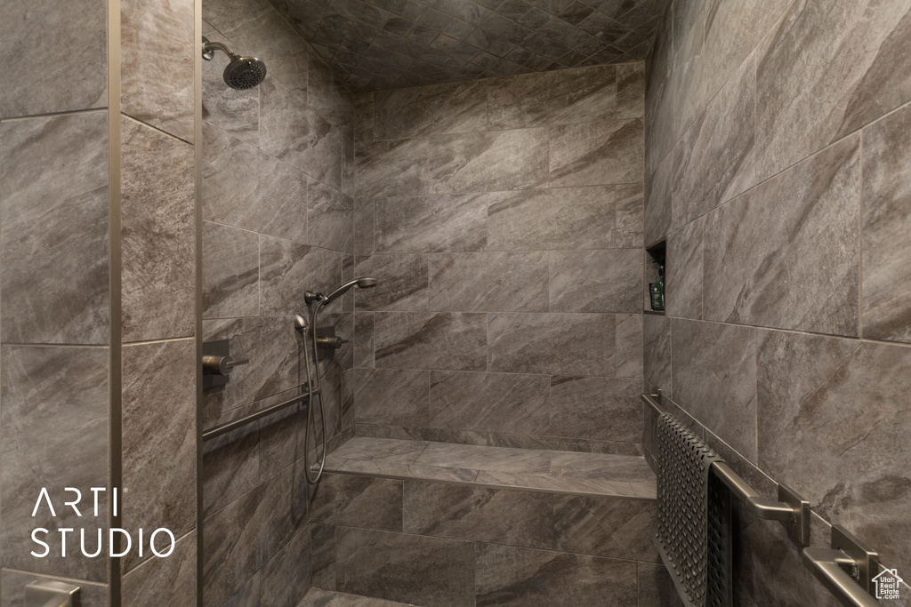Bathroom view of a tile shower