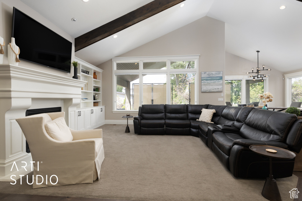 Carpeted living area featuring lofted ceiling, a chandelier, recessed lighting, and baseboards