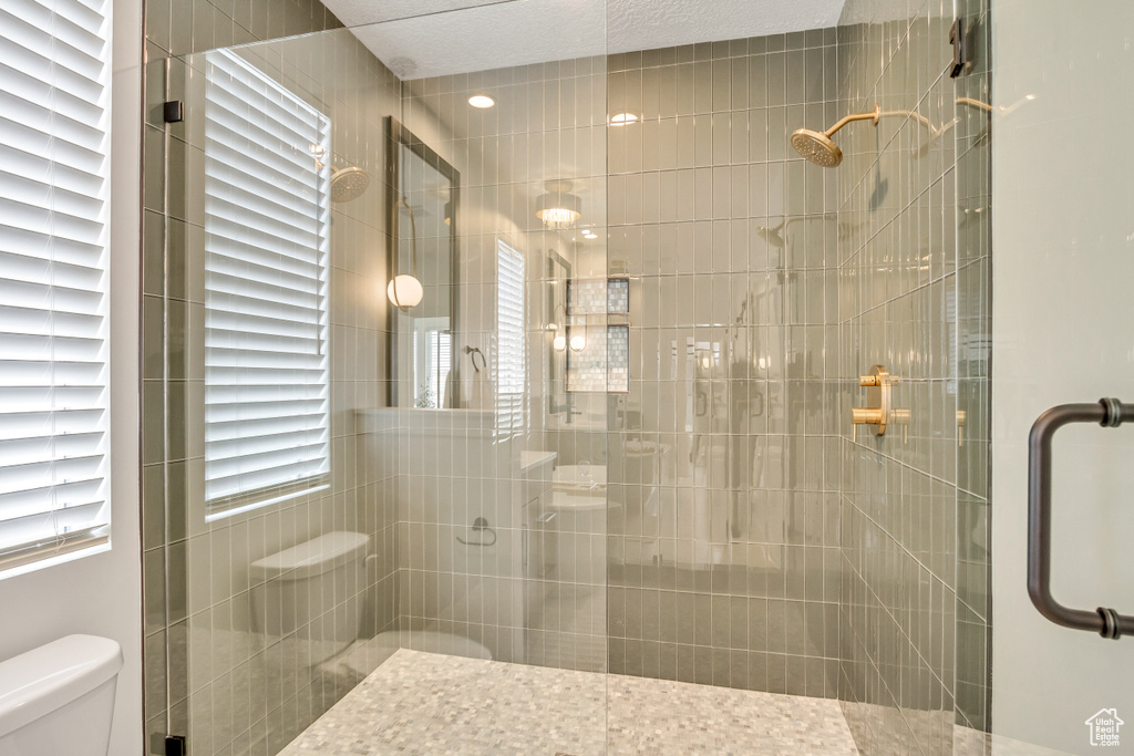 Full bathroom with toilet and a stall shower