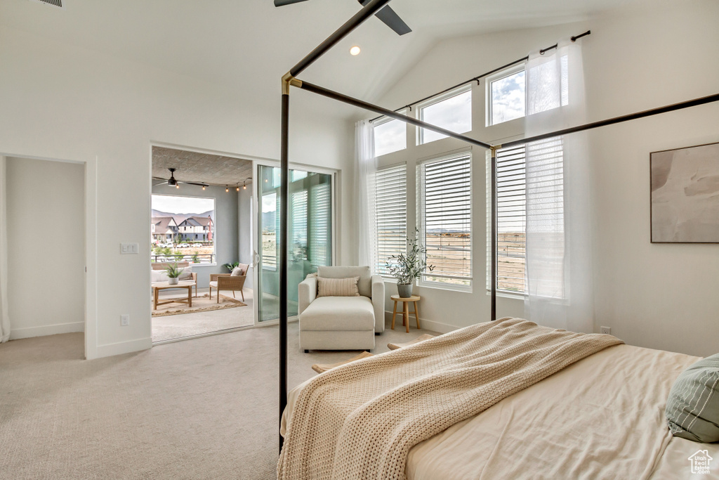 Carpeted bedroom with high vaulted ceiling, baseboards, and ceiling fan