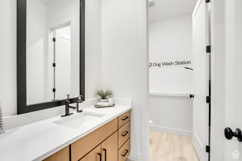 Bathroom with vanity, wood finished floors, and toilet