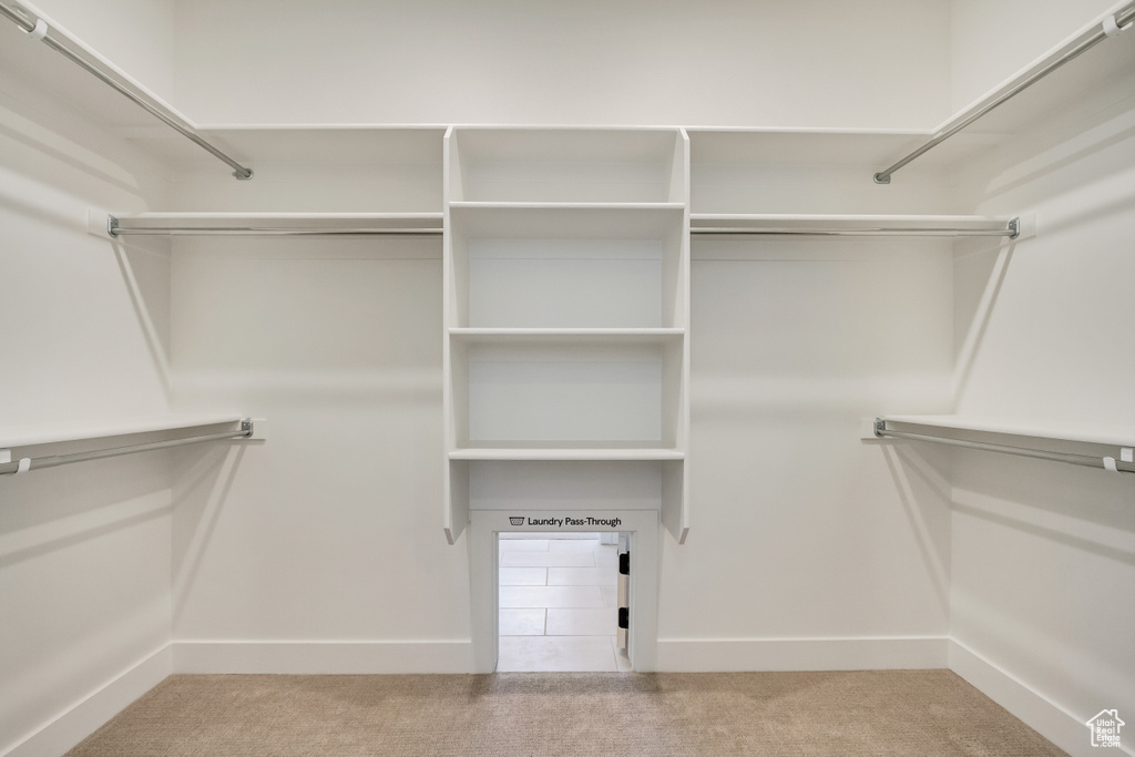Spacious closet with light carpet