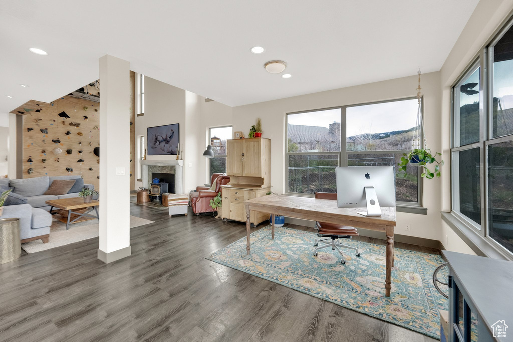 Office featuring a fireplace, wood finished floors, baseboards, and recessed lighting