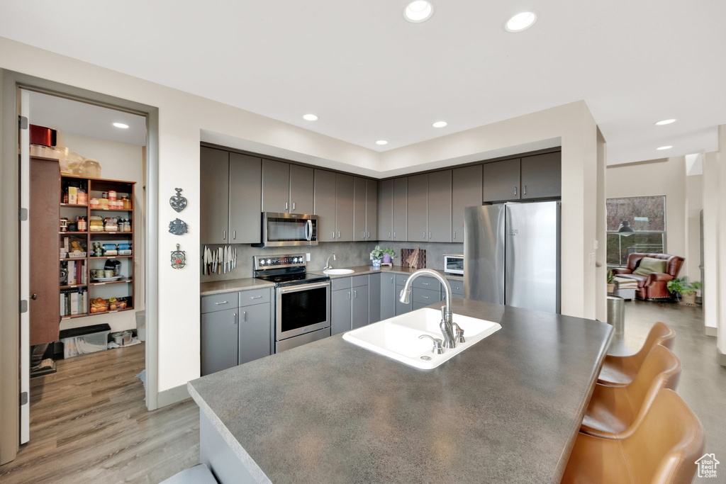 Kitchen featuring stainless steel appliances, a sink, gray cabinets, light wood-type flooring, and recessed lighting