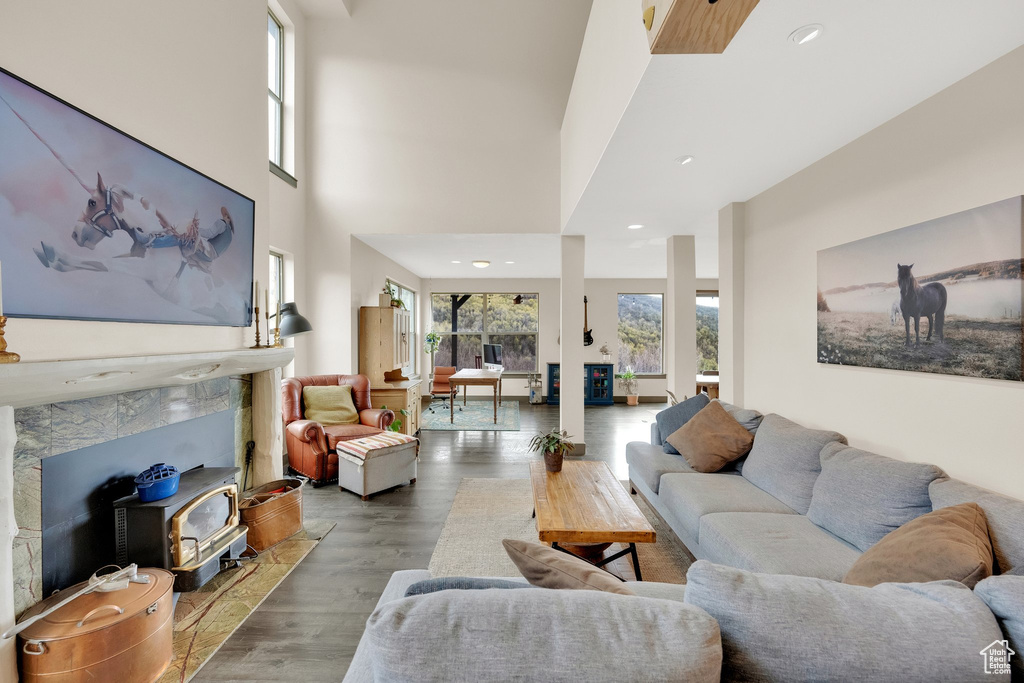 Living area featuring wood finished floors and recessed lighting